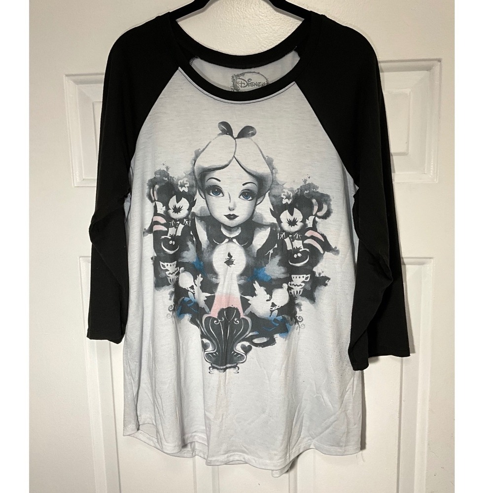 Disney Alice in Wonderland Raglan Tee Black White Graphic 3/4 Sleeve XL